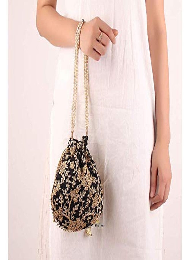 STLYZ Women's Potli Bag (Set Of 2) Rajasthani Style Silk Potli Handbag Wristlet Clutch Batwa Golden Work Embroidery Potli Wedding Gift For Ladies Ethnic Women Fashion Potli - Image 4